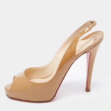 Pre Owned Christian Louboutin Beige Patent Leather Private Number Peep Toe Slingback Pumps Size 40