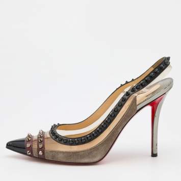 Pre Owned Christian Louboutin Tricolor PVC and Leather Paulina Studded Slingback Pumps Size 38