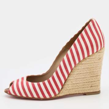 Pre Owned Christian Louboutin White/Red Stripe Fabric Pepi Espadrille Peep Toe Wedge Pumps Size 37
