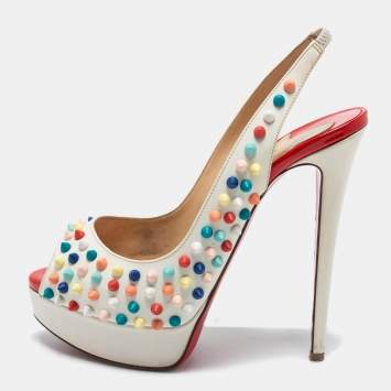 Pre Owned Christian Louboutin Off-White Leather Lady Peep Toe Spikes Slingback Pumps Size 38