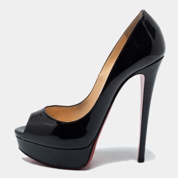 Pre Owned Christian Louboutin Black Patent Leather Lady Peep  Pumps Size 38