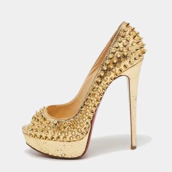 Pre Owned Christian Louboutin Gold Python Leather Lady Peep Toe Spikes Platform Pumps Size 36.5