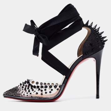 Pre Owned Christian Louboutin Black Glitter Suede and PVC Spike Accent Ankle Wrap Pumps Size 36.5