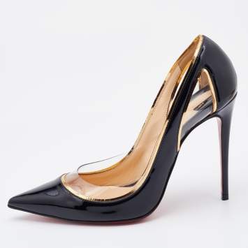 Pre Owned Christian Louboutin Black/Gold Patent Leather and PVC Cosmo Pointed Toe Pumps Size 36