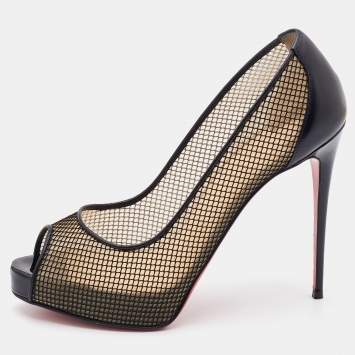 Pre Owned Christian Louboutin Black Mesh and Leather Fetilo Platform Pumps Size 38