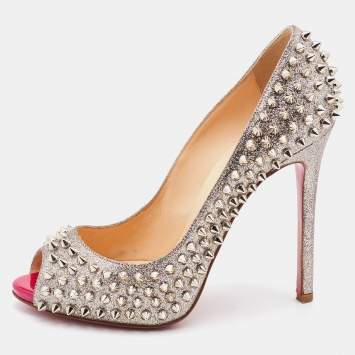 Pre Owned Christian Louboutin Metallic Silver Glitter Spike Peep Toe Pumps Size 38