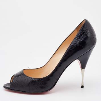 Pre Owned Christian Louboutin Black Ostrich Leg Leather Yotruche Peep Toe Pumps Size 40.5