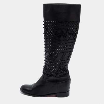 Pre Owned Christian Louboutin Black Leather Rom Chic Riding Boots Size 38.5