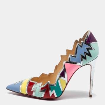 Pre Owned Christian Louboutin Multicolor Patent Leather Explotek Zigzag Pumps Size 34.5