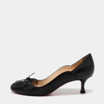 Pre Owned Christian Louboutin Black Textured and Leather Lace Up Round Toe Pumps Size 37.5