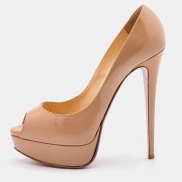 Pre Owned Christian Louboutin Beige Patent Leather Lady Peep Toe Platform Pumps Size 38