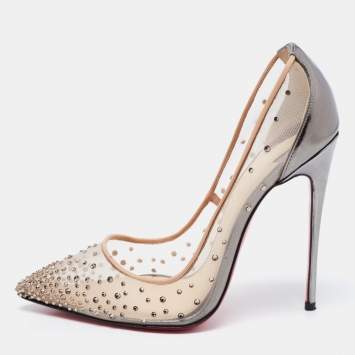 Pre Owned Christian Louboutin Metallic Grey Leather and Mesh Follies Strass Pumps Size 38.5