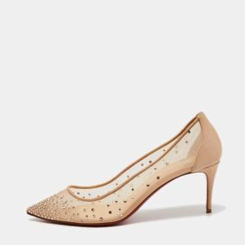 Pre Owned Christian Louboutin Beige Mesh and Laminated Suede Follies Strass Pumps Size 39.5