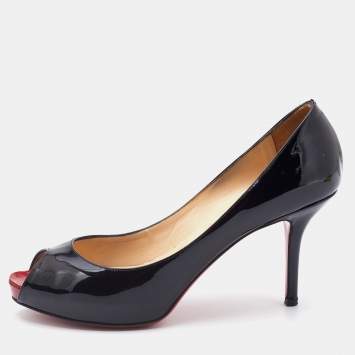 Pre Owned Christian Louboutin Black Patent Leather New Prive Peep Toe Pumps Size 38.5