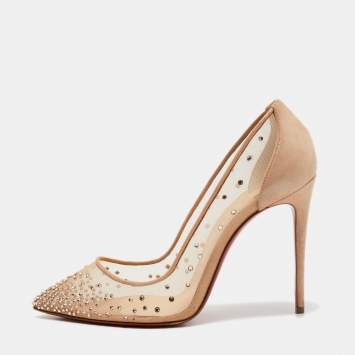 Pre Owned Christian Louboutin Beige Mesh And Suede Follies Strass  Pumps Size 38.5