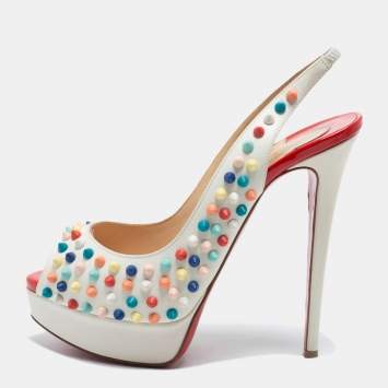 Pre Owned Christian Louboutin White Leather Lady Peep Multicolor Spikes Slingback Pumps Size 38.5