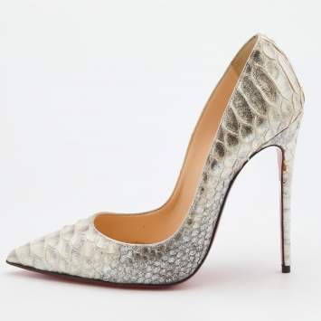 Pre Owned Christian Louboutin Silver/White Python Leather So Kate Pointed Toe Pumps Size 37
