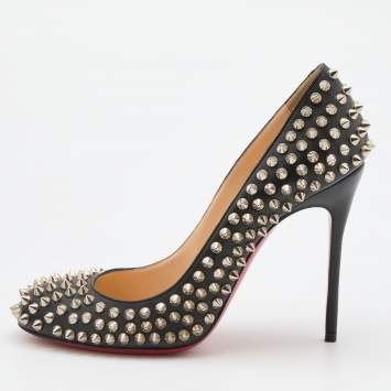 Pre Owned Christian Louboutin Black Leather Fifi Spike Round Toe Pumps Size 37