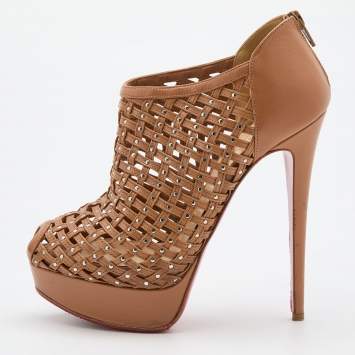 Pre Owned Christian Louboutin Brown Leather Kasha Caged Peep Toe Platform Booties Size 38