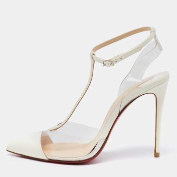 Pre Owned Christian Louboutin White Patent Leather and PVC Nosy T-Strap Sandals Size 37