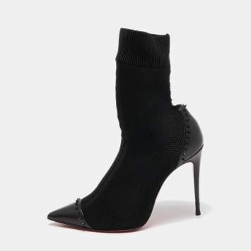 Pre Owned Christian Louboutin Black Knit Fabric and Studded Leather Dovi Dova Sock Boots Size 38