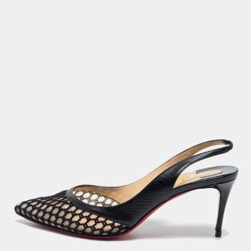 Pre Owned Christian Louboutin Black Mesh and Leather Miluna Slingback Pumps Size 37.5