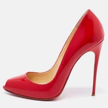 Pre Owned Christian Louboutin Red Patent Tibur Peep Toe Pumps Size 38.5
