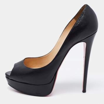 Pre Owned Christian Louboutin Black Leather Lady Peep Toe Platform Pumps Size 40.5