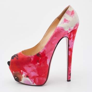Pre Owned Christian Louboutin Multicolor Print Fabric Highness Peep Toe Platform Pumps Size 38