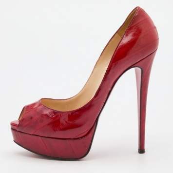 Pre Owned Christian Louboutin Red Eel Leather Lady Peep Toe Platform Pumps Size 38