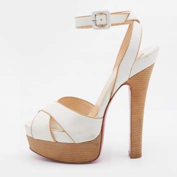 Pre Owned Christian Louboutin White Leather Criss Cross Ankle Strap Platform Sandals Size 36.5