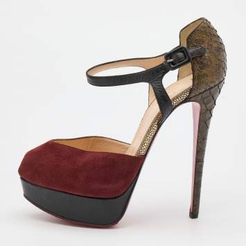Pre Owned Christian Louboutin Multicolor Python Leather and Suede Ankle Strap Platform Sandals Size 38