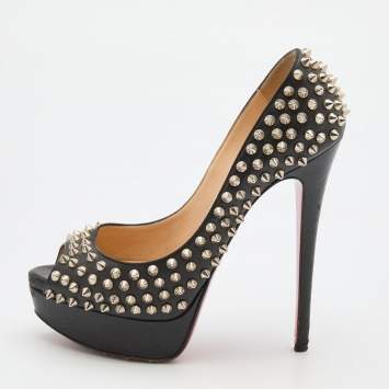 Pre Owned Christian Louboutin Black Leather Spike Lady Peep Toe Platform Pumps Size 37