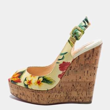 Pre Owned Christian Louboutin Multicolor Floral Print Leather Cork Wedge Pumps Size 38.5