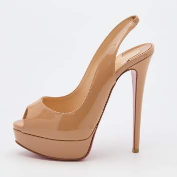 Pre Owned Christian Louboutin Beige Patent Leather Lady Peep Toe Platform Slingback Pumps Size 36