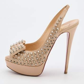 Pre Owned Christian Louboutin Beige Leather Clou Noeud Spike Slingback Platform Pumps Size 38