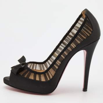 Pre Owned Christian Louboutin Black Satin and Fabric Angelique Bow Peep Toe Pumps Size 36.5