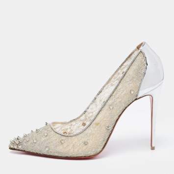 Pre Owned Christian Louboutin Silver Lace and Leather Spike Decollete Pumps Size 40.5