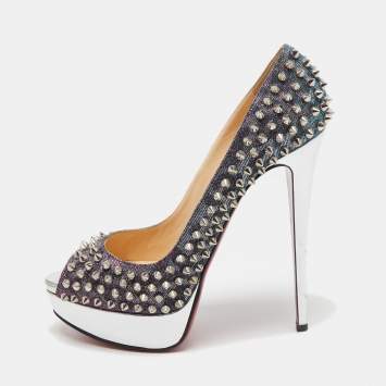 Pre Owned Christian Louboutin Two Tone Lurex Fabric Lady Peep Spikes Pumps Size 40.5