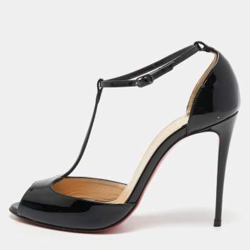 Pre Owned Christian Louboutin Black Patent Leather Senora T-Strap Sandals Size 36