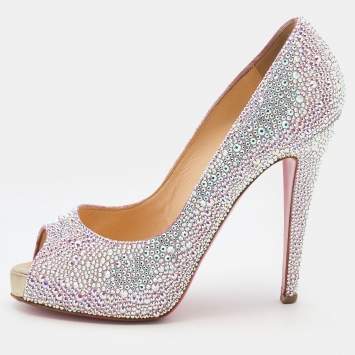 Pre Owned Christian Louboutin Pink Suede Crystal Embellished New Riche Peep Toe Pumps Size 38