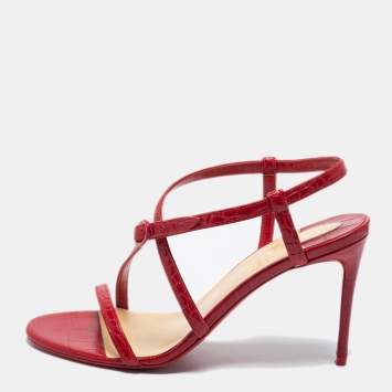 Pre Owned Christian Louboutin Red Croc Embossed Leather Selima Sandals Size 38