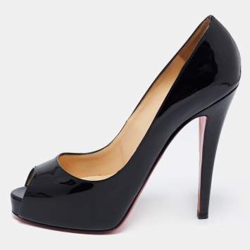 Pre Owned Christian Louboutin Black Patent Leather Very Prive PeepToe Pumps Size 37