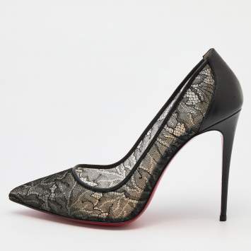 Pre Owned Christian Louboutin Black Lace and Leather Follies Pointed Toe Pumps Size 37.5