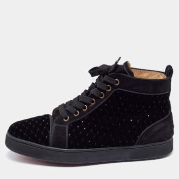 Pre Owned Christian Louboutin Black Studded Velvet and Suede Louis Orlato High Top Sneakers Size 39.5