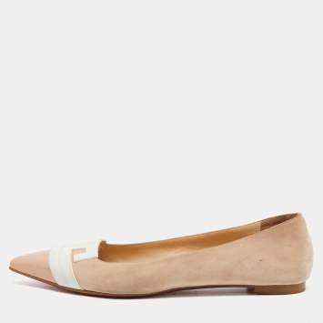 Pre Owned Christian Louboutin Beige/White Patent and Leather Ballet Flats Size 38.5