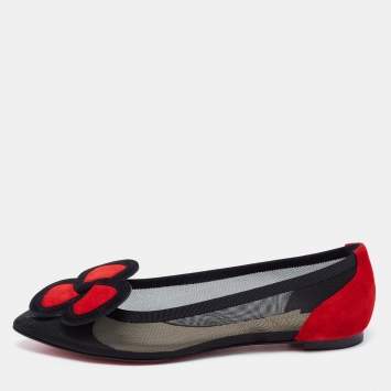 Pre Owned Christian Louboutin Black/Red Mesh and Suede Pansy Town Ballet Flats Size 37