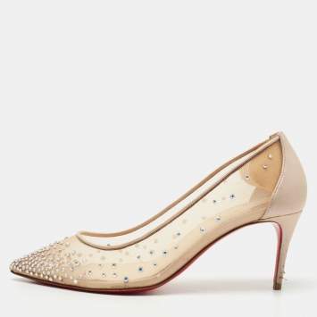 Pre Owned Christian Louboutin Beige Mesh and Leather Follies Strass Pumps Size 35