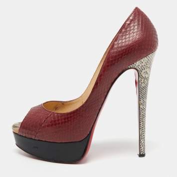 Pre Owned Christian Louboutin Burgundy Python Leather Lady Peep Toe Pumps Size 38