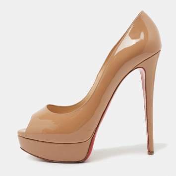 Pre Owned Christian Louboutin Beige Patent Leather Lady Peep Pumps Size 40.5